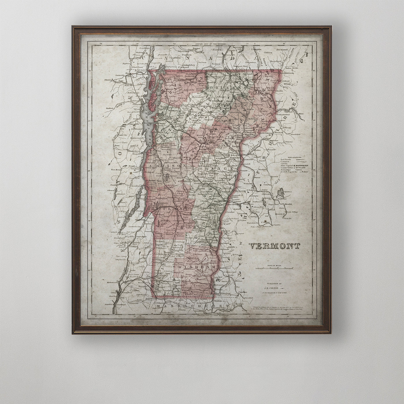 Vermont Map, Vintage Map of Vermont, Vermont Home Decor, 1850s