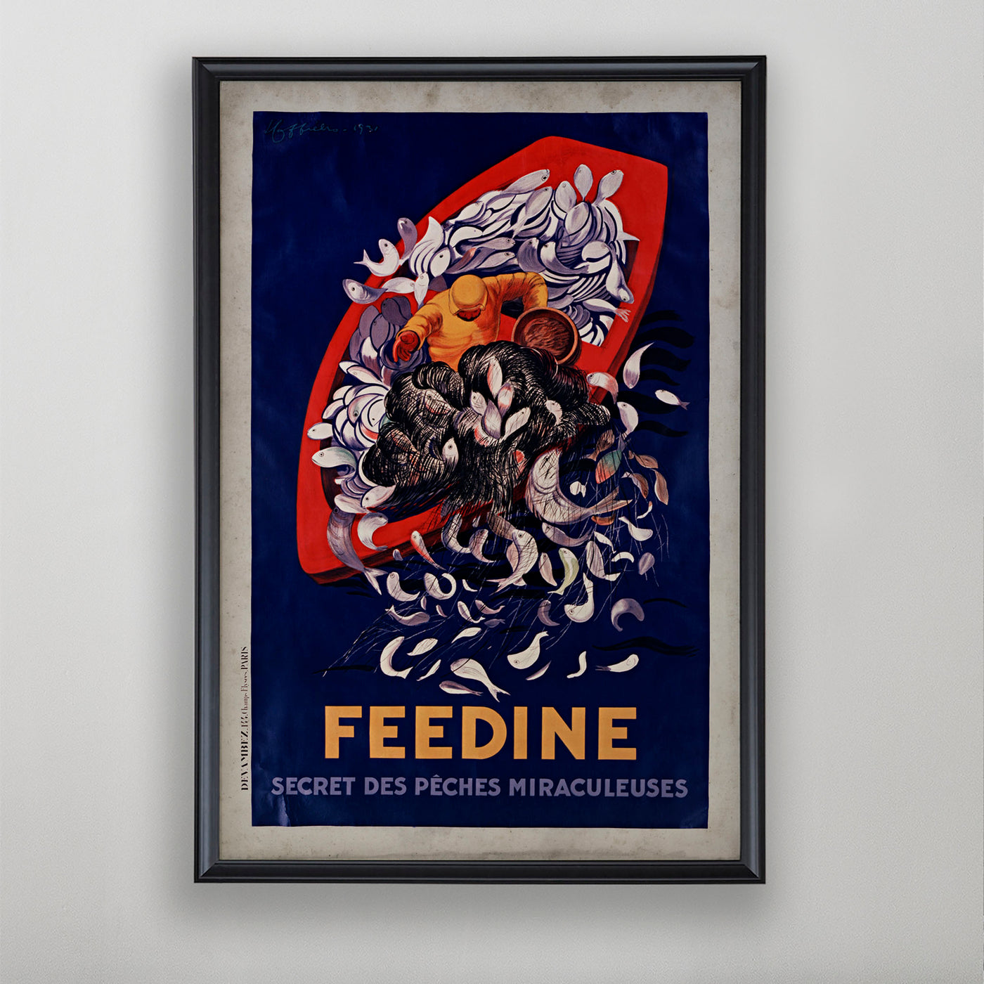 Vintage French Fishing Poster, Feedine, French Home Decor Art, 20th Century