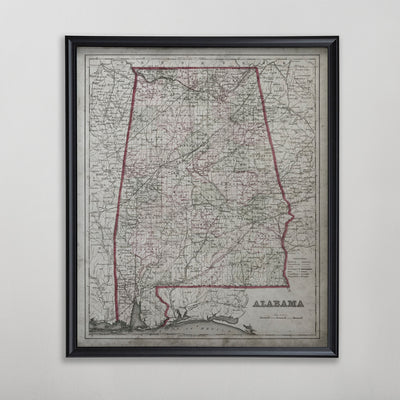 Alabama Map, Vintage Map of Alabama, Alabama Home Decor, 1850