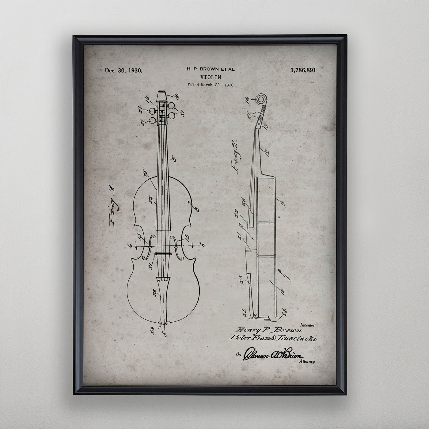 Violin Patent, Vintage Violin Patent Art, Antique Violin Patent Wall Decor, c. 1930 H.P. Brown Et Al