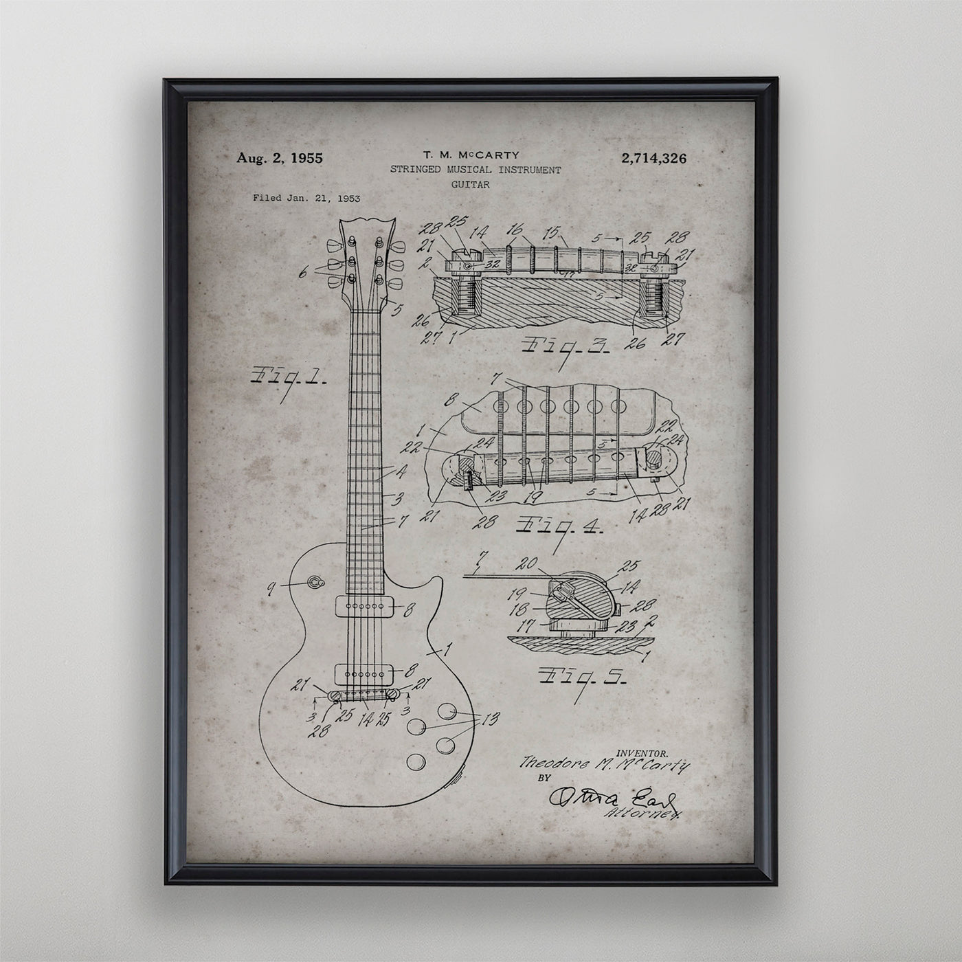 Guitar Patent, Vintage Guitar Patent Art, Antique Guitar Patent Wall Decor, c. 1955 T.M. McCarty