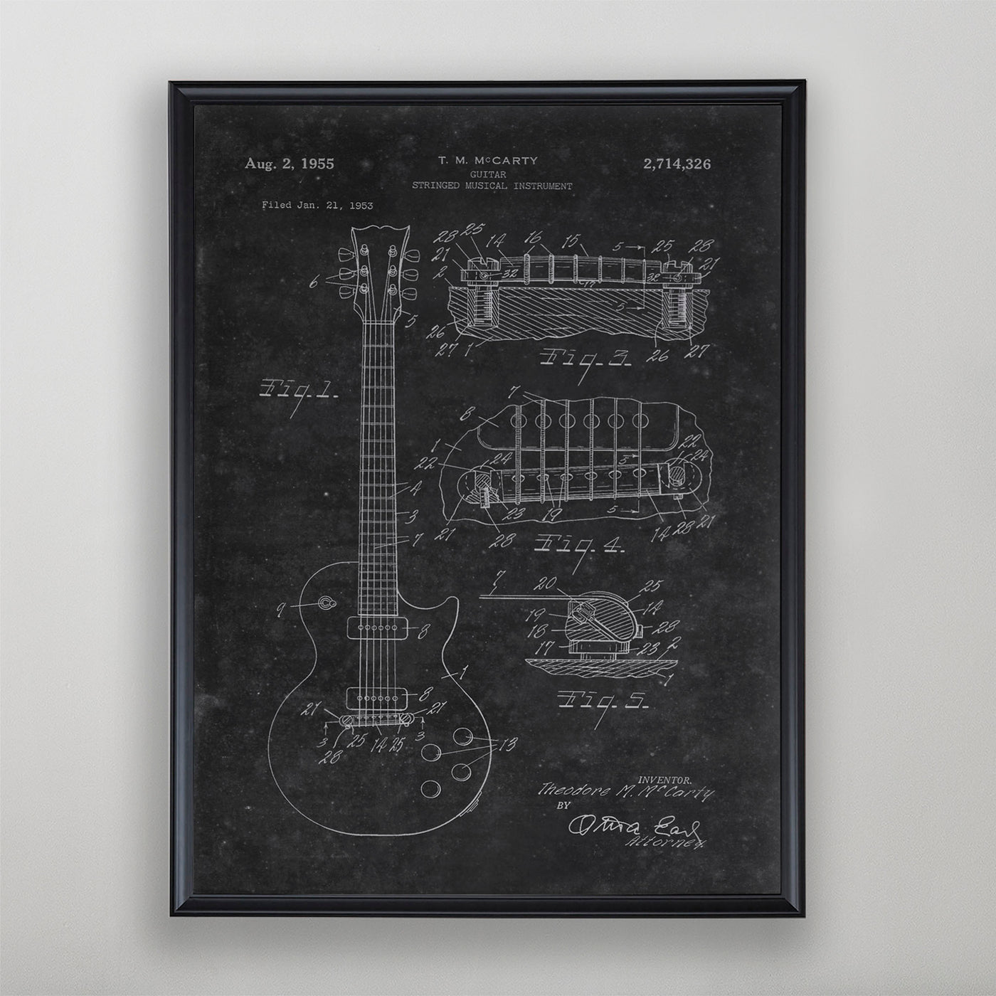 Guitar Patent, Vintage Guitar Patent Art, Antique Guitar Patent Wall Decor, c. 1955, T.M. McCarty