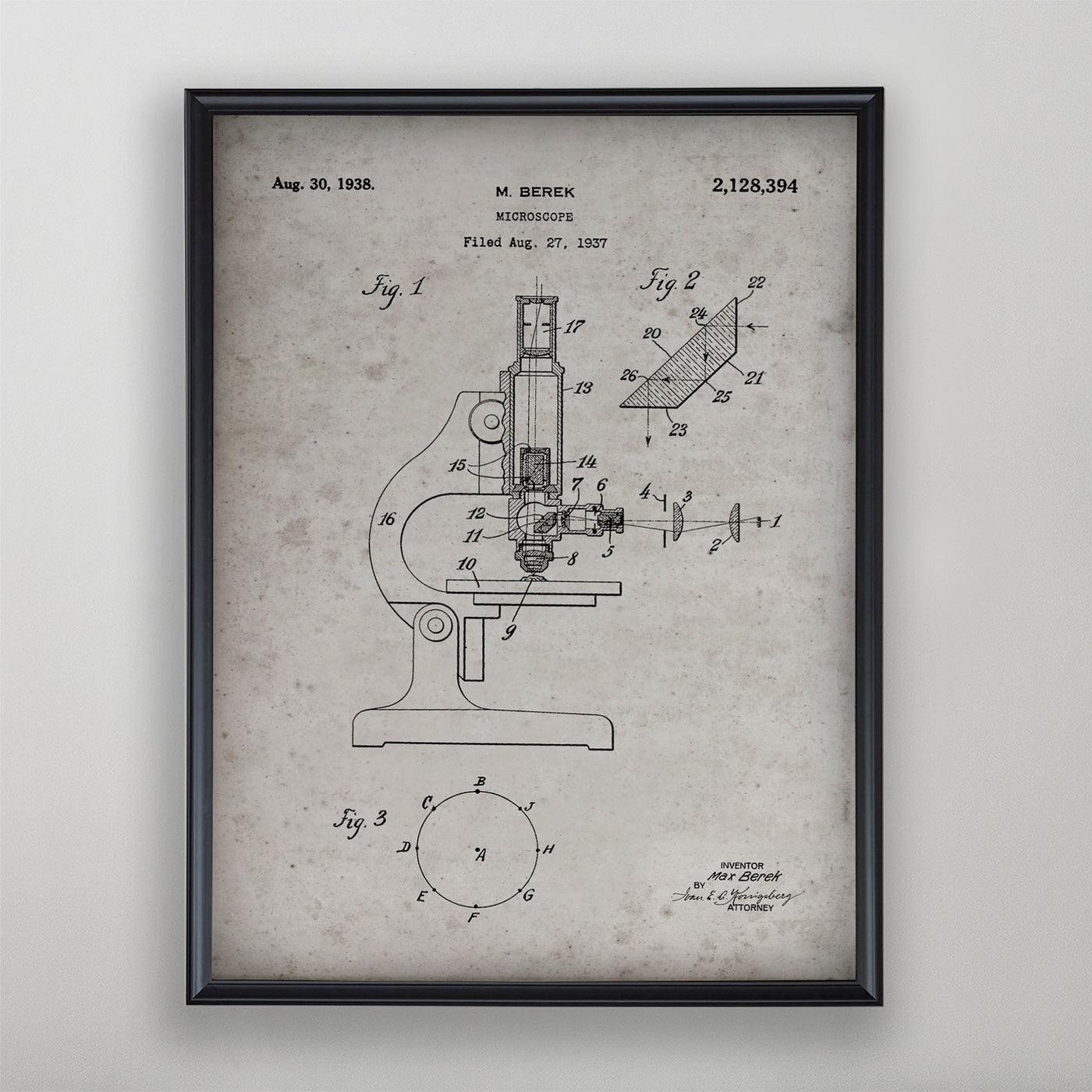 Microscope Patent, Vintage Microscope Patent Art, Antique Microscope Patent Wall Decor, c. 1938 M. Berek