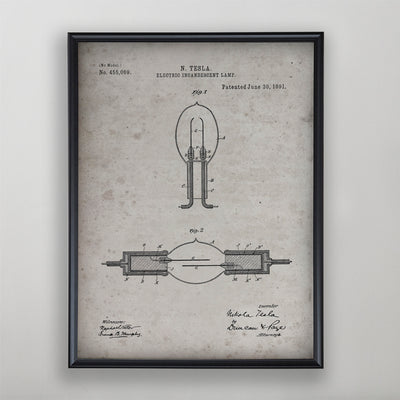 Electric Incandescent Lamp Patent, Vintage Lamp Patent Art, Antique Lamp Patent Wall Decor, c. 1891 Nikola Tesla