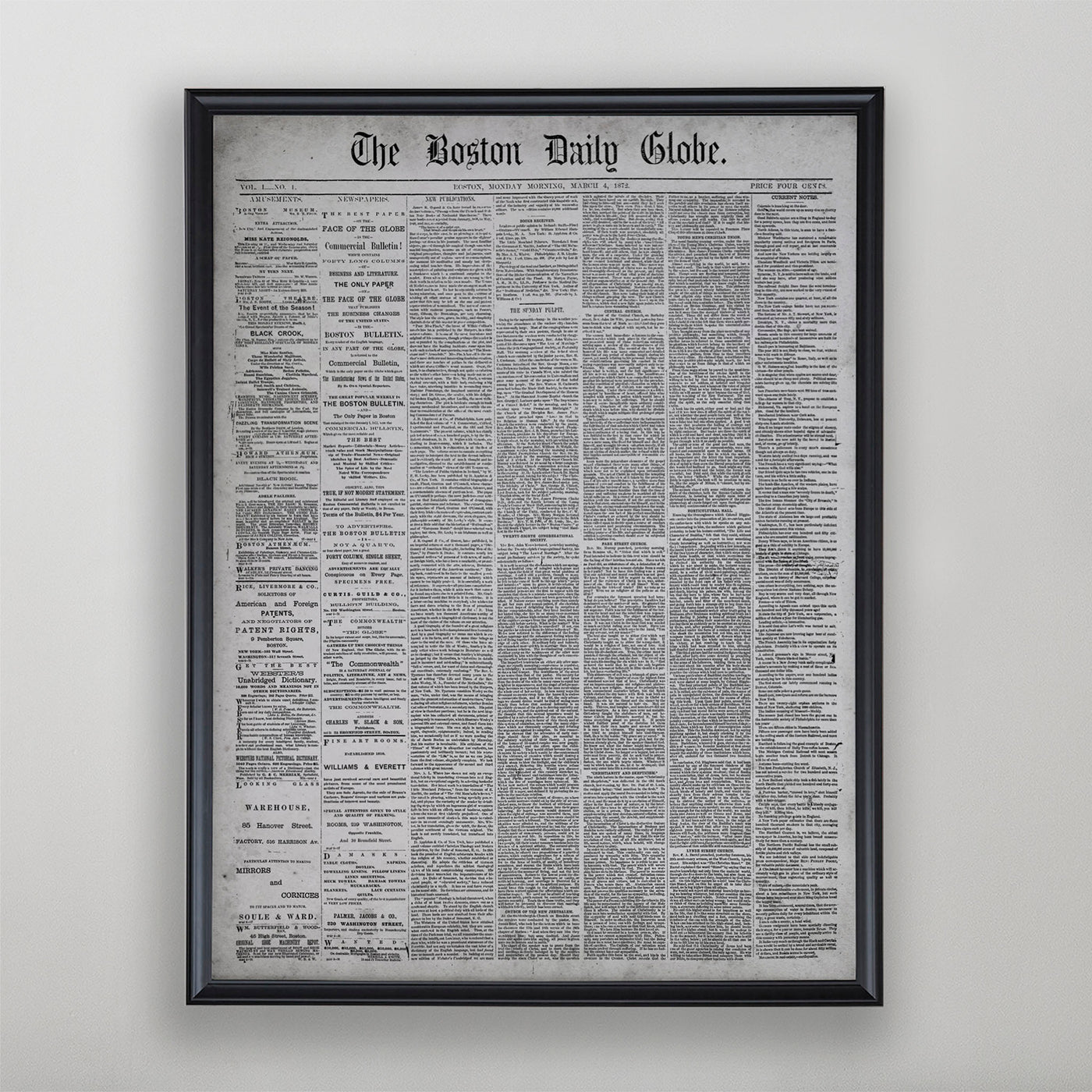 Vintage Boston Daily Globe First Issue Print, Antique Newspaper Wall Decor