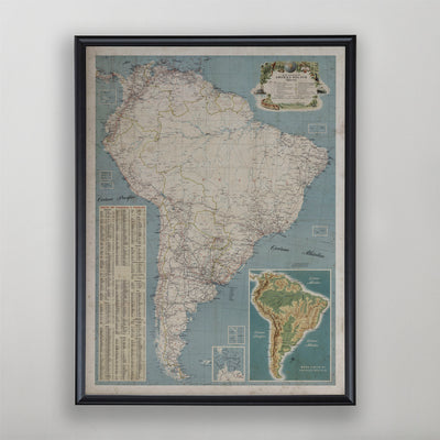 South America Map, Vintage Map of South America, Home Decor, 20th Century