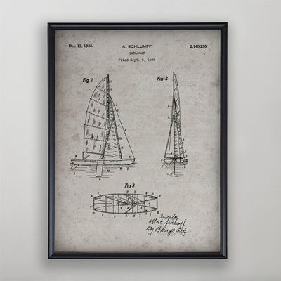 Sailboat Patent, Vintage Sailboat Patent Art, Antique Sailboat Patent Wall Decor, c. 1938 A. Schlumpf