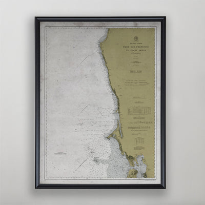 San Francisco to Point Arena Map, Nautical Chart, California Home Decor, Early 20th Century