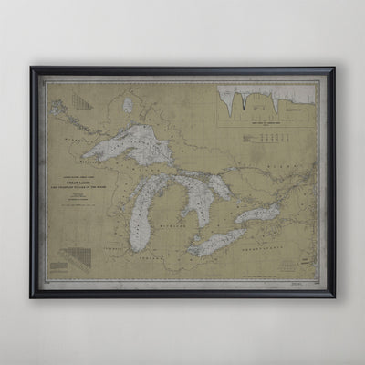 The Great Lakes Map, Vintage Nautical Chart of the Great Lakes, Great Lakes Region Home Decor, Early 20th Century