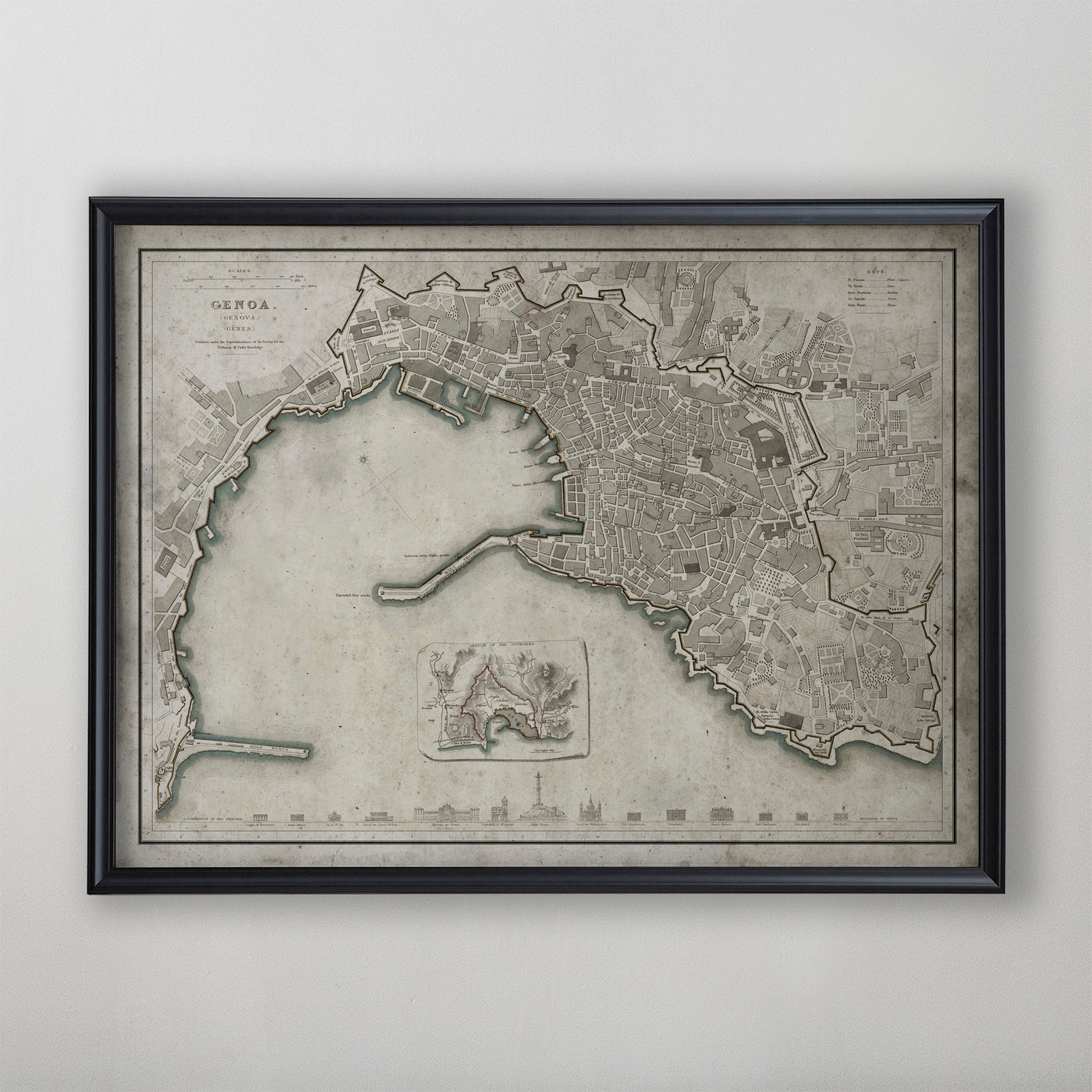 Genoa Map, Vintage Map of Genoa, Italian Home Decor, 19th Century