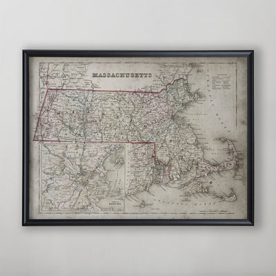 Massachusetts Map, State Map of Massachusetts, Antique Massachusetts Wall Art, Massachusetts Decor,