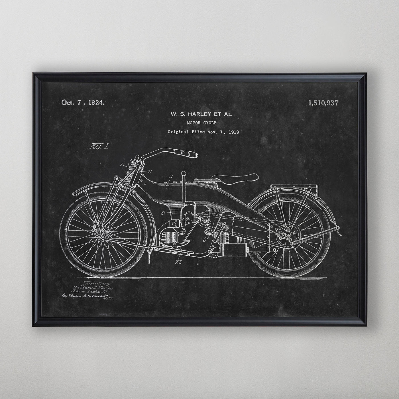 Motorcycle Patent, Vintage Motorcycle Patent Art, Antique Motorcycle Patent Wall Decor, c. 1919 W.S. Harley