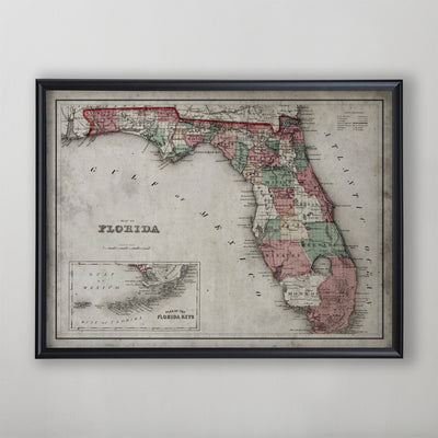 Florida Map, Vintage Map of Florida, Florida Home Decor, 19th Century