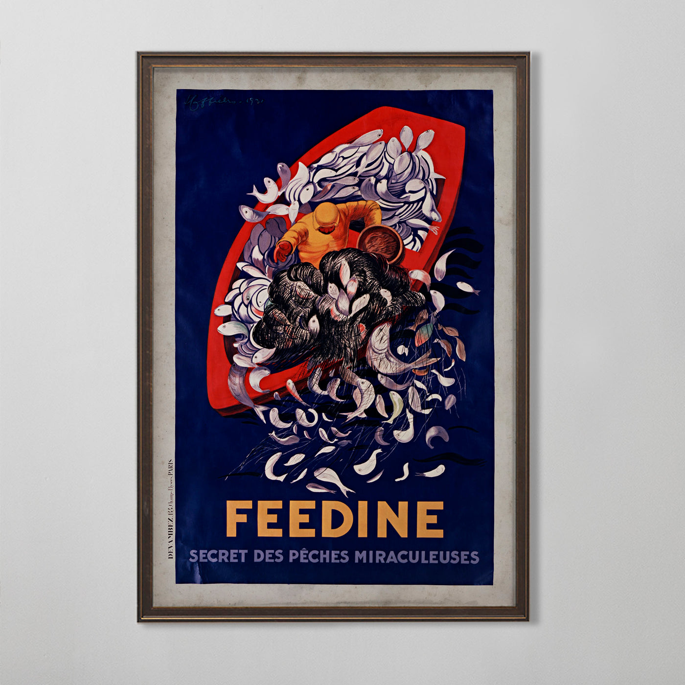 Vintage French Fishing Poster, Feedine, French Home Decor Art, 20th Century