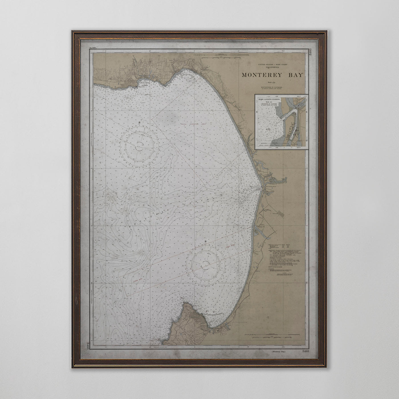 Monterey Bay Map, Vintage Nautical Chart of Monterey Bay, California Home Decor, 20th Century