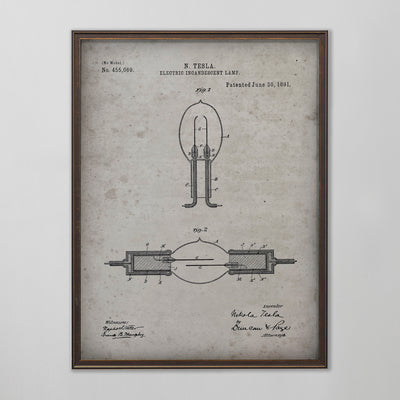 Electric Incandescent Lamp Patent, Vintage Lamp Patent Art, Antique Lamp Patent Wall Decor, c. 1891 Nikola Tesla