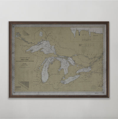 The Great Lakes Map, Vintage Nautical Chart of the Great Lakes, Great Lakes Region Home Decor, Early 20th Century