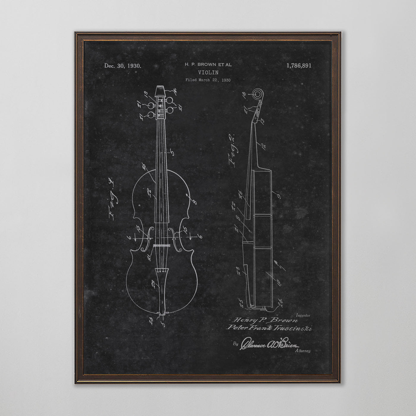 Violin Patent, Vintage Violin Patent Art, Antique Violin Patent Wall Decor, c. 1930 H.P. Brown Et Al