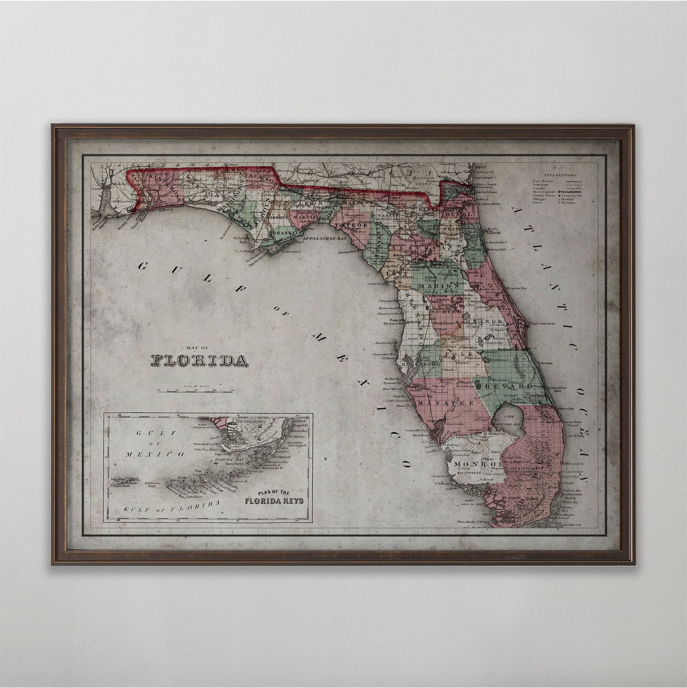 Florida Map, Vintage Map of Florida, Florida Home Decor, 19th Century