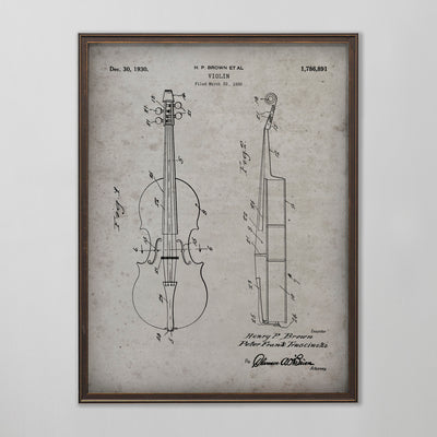 Violin Patent, Vintage Violin Patent Art, Antique Violin Patent Wall Decor, c. 1930 H.P. Brown Et Al