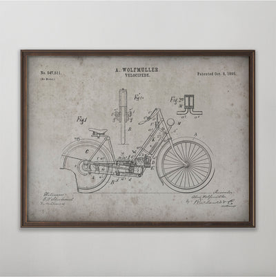 Motorcycle Patent, Vintage Motorcycle Patent Art, Antique Motorcycle Patent Wall Decor, c. 1895 A. Wolfmuller Velociped