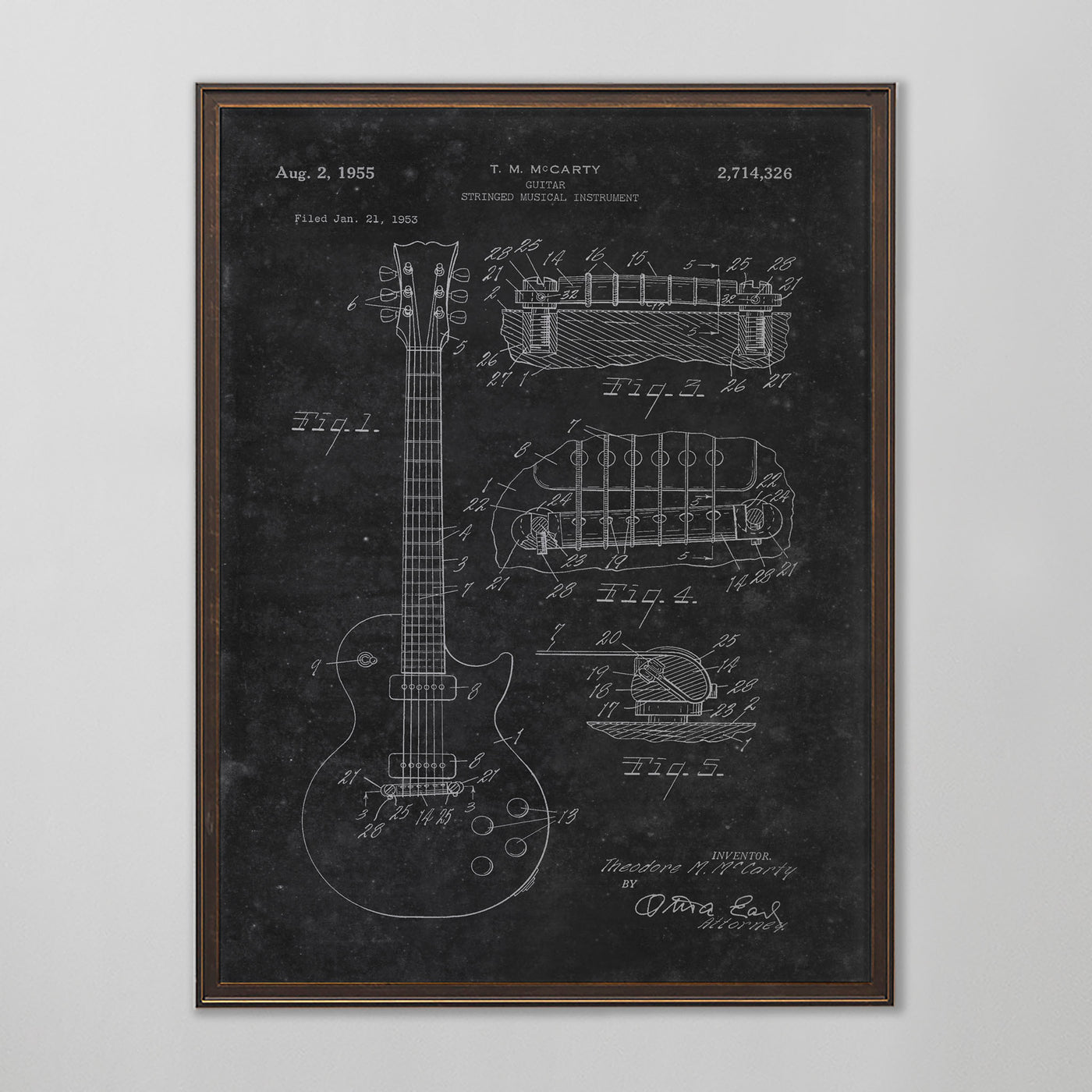 Guitar Patent, Vintage Guitar Patent Art, Antique Guitar Patent Wall Decor, c. 1955, T.M. McCarty