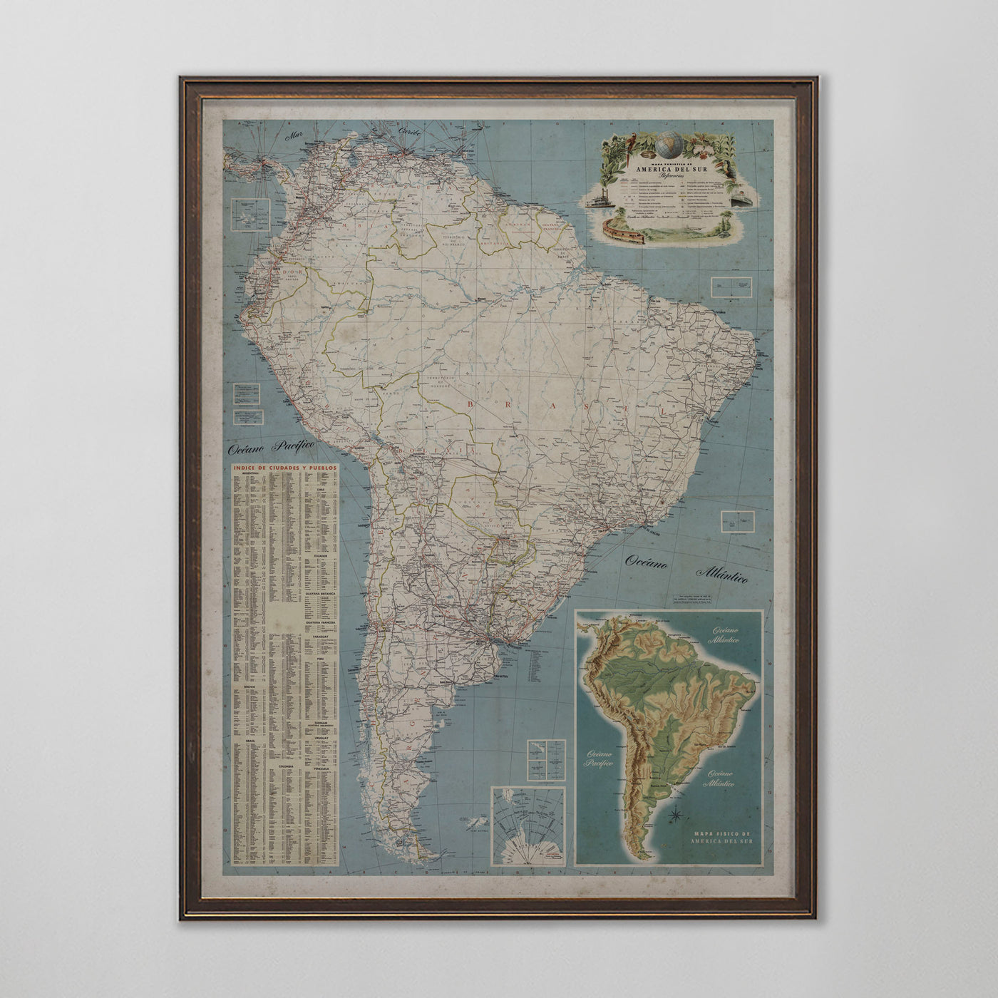 South America Map, Vintage Map of South America, Home Decor, 20th Century