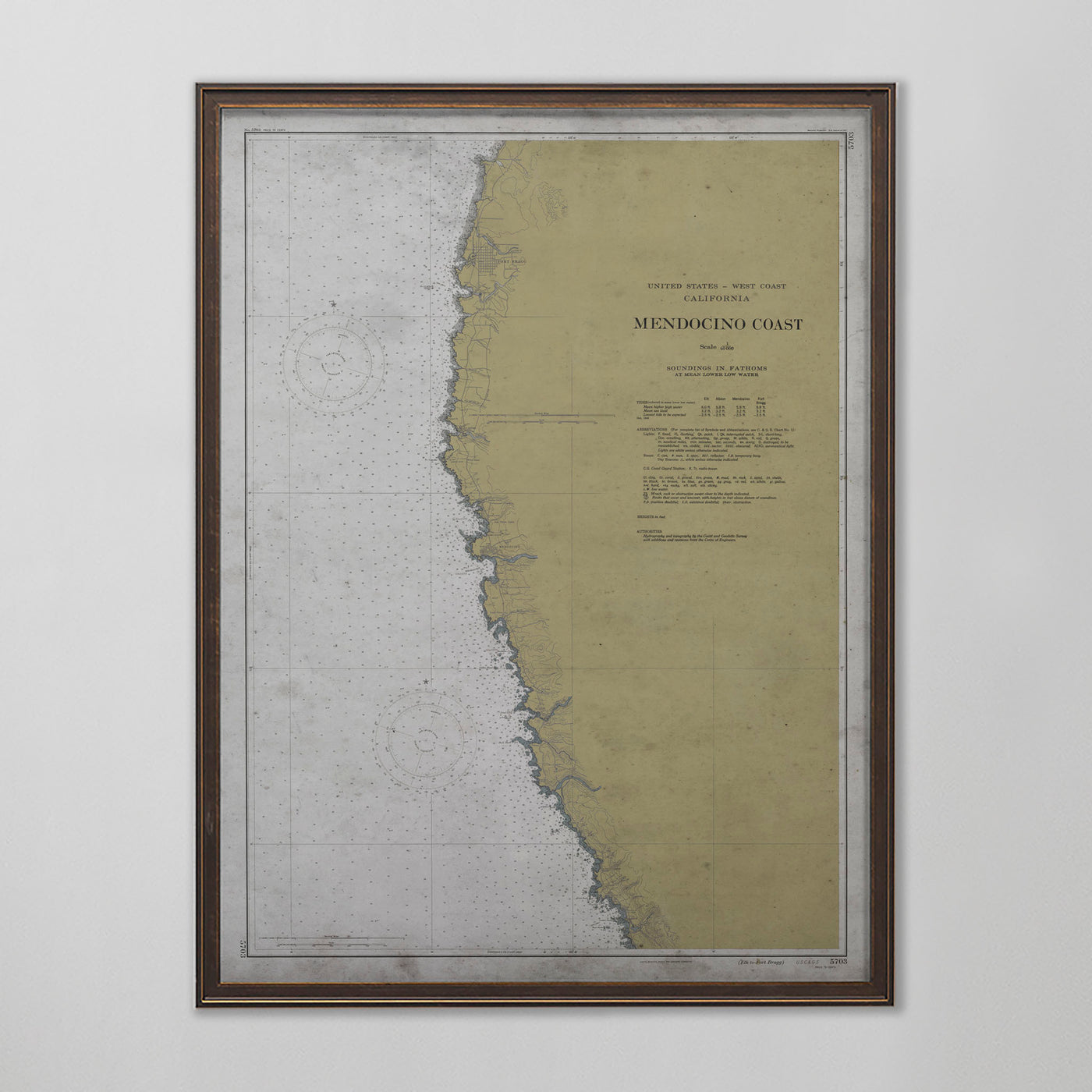 California Coast Map, Mendocino Coast Nautical Map, California Home Decor, Circa Early 20th C.