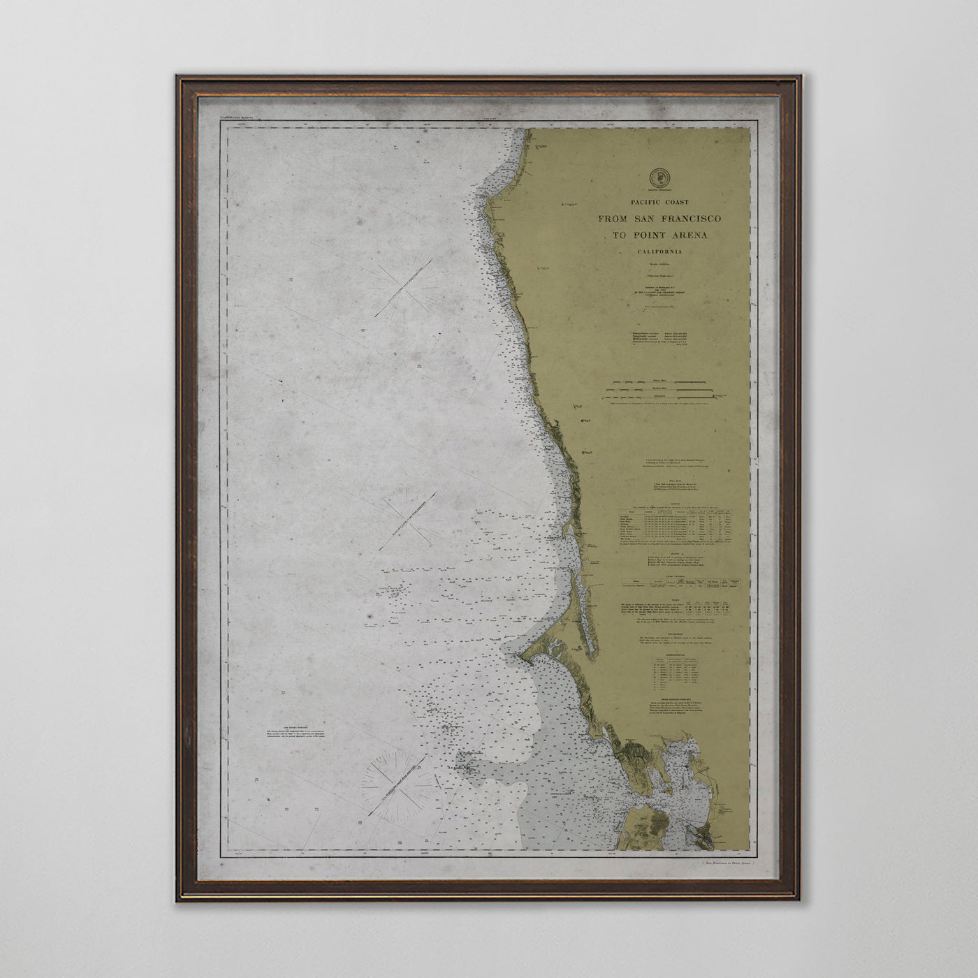 San Francisco to Point Arena Map, Nautical Chart, California Home Decor, Early 20th Century