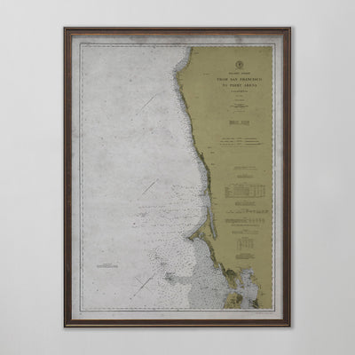 San Francisco to Point Arena Map, Nautical Chart, California Home Decor, Early 20th Century