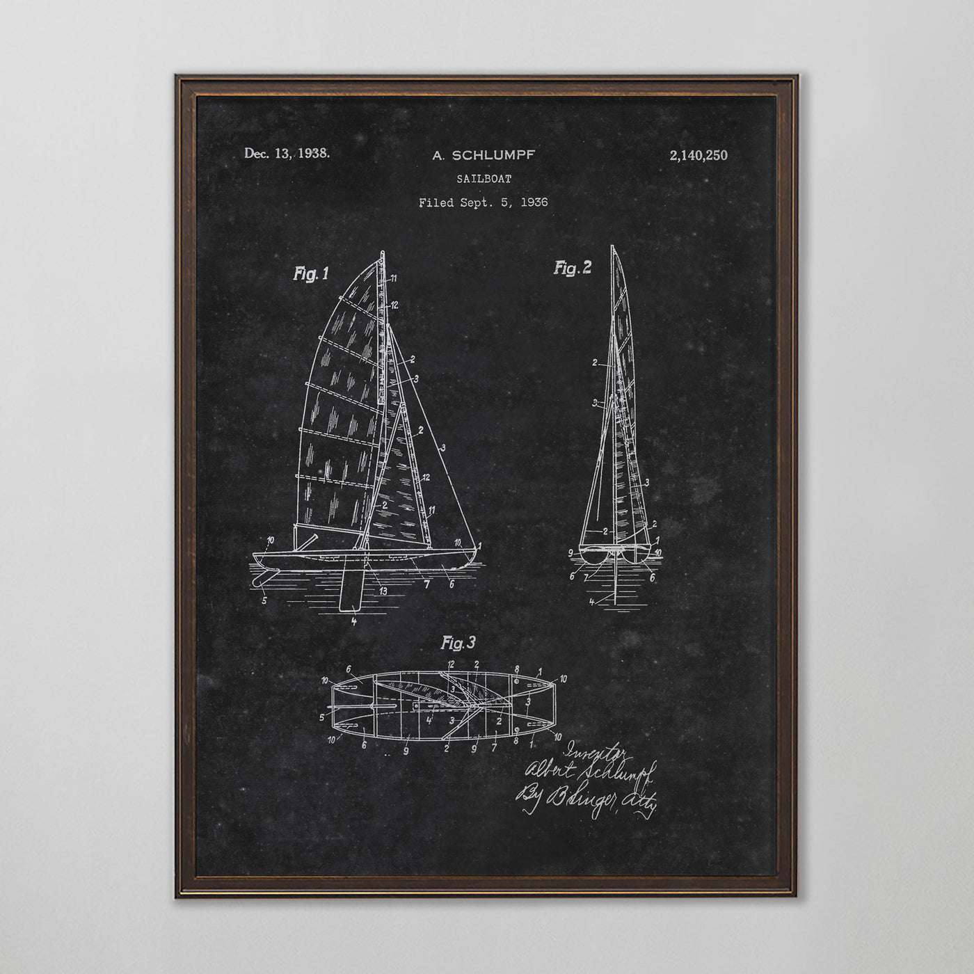 Sailboat Patent, Vintage Sailboat Patent Art, Antique Sailboat Patent Wall Decor, c. 1938 A. Schlumpf