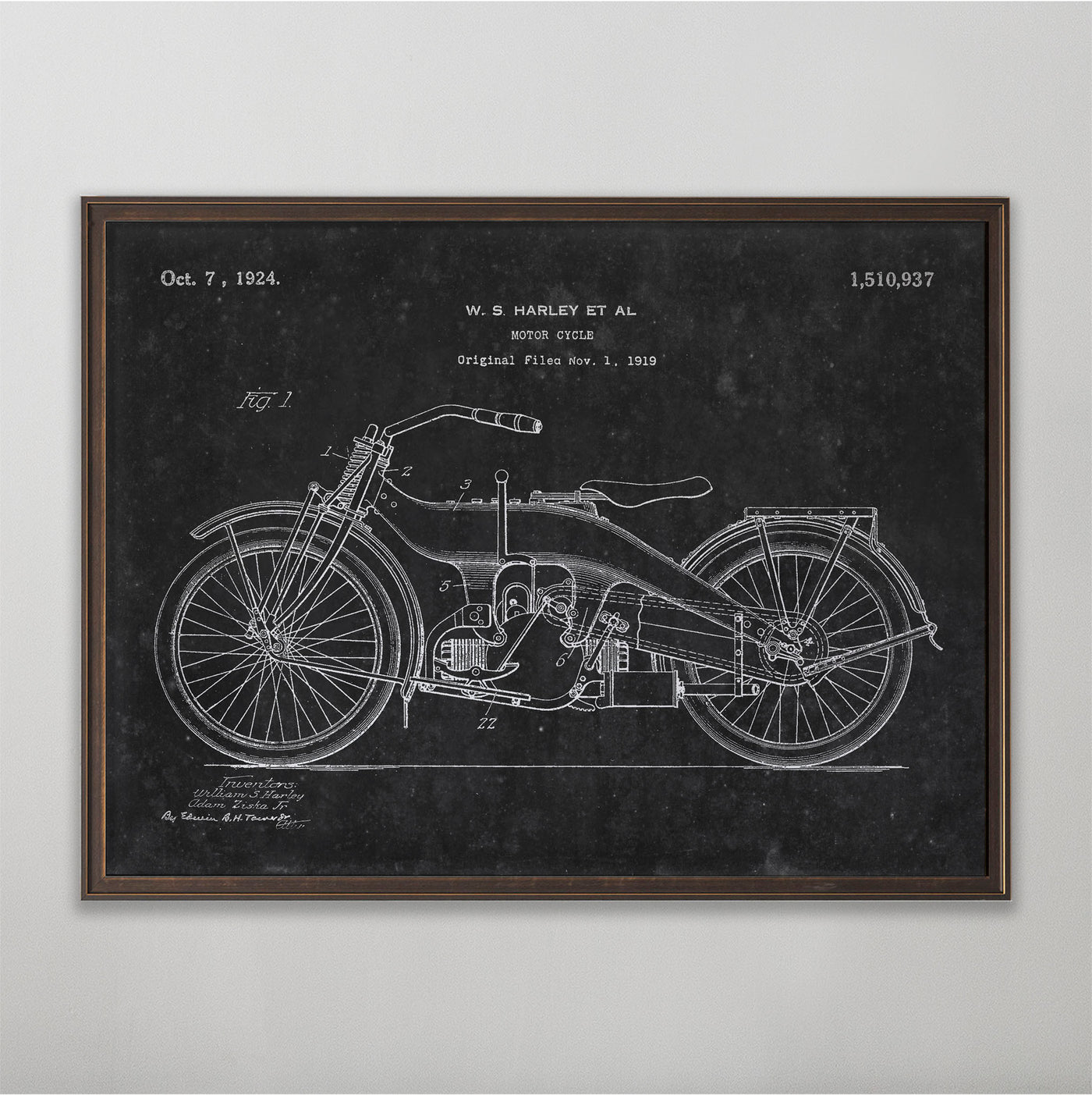 Motorcycle Patent, Vintage Motorcycle Patent Art, Antique Motorcycle Patent Wall Decor, c. 1919 W.S. Harley