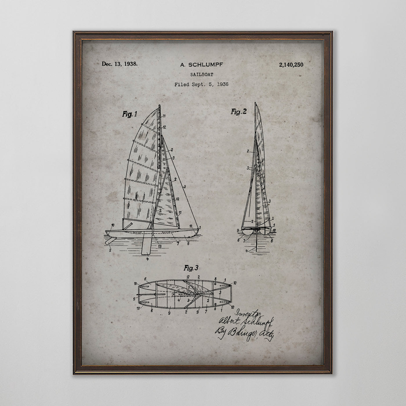 Sailboat Patent, Vintage Sailboat Patent Art, Antique Sailboat Patent Wall Decor, c. 1938 A. Schlumpf