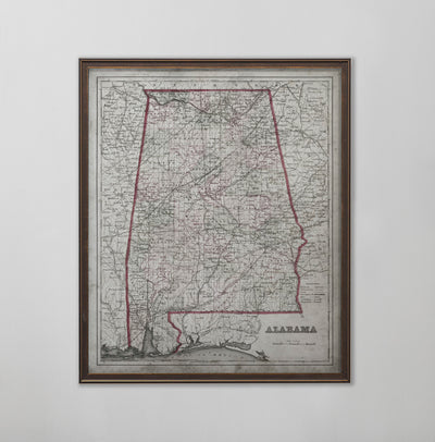 Alabama Map, Vintage Map of Alabama, Alabama Home Decor, 1850