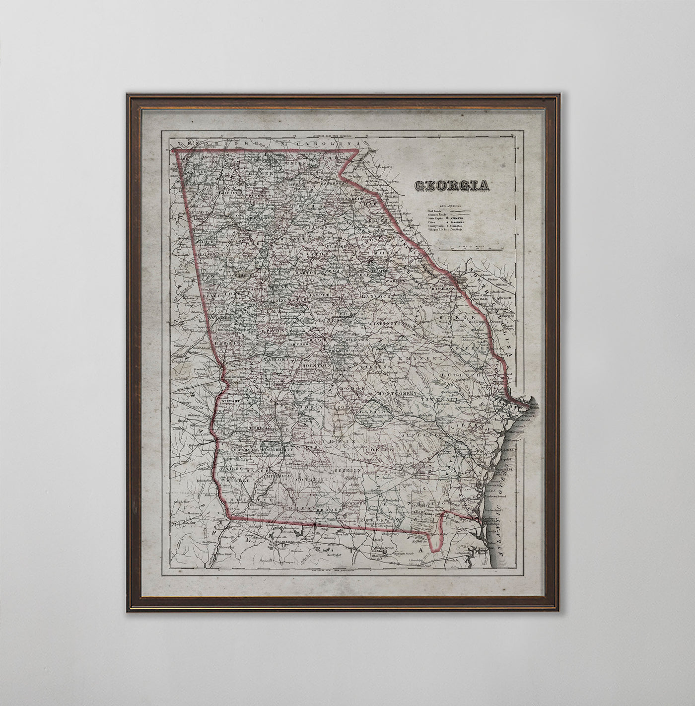 Georgia Map, Vintage Map of Georgia, Georgia Home Decor, 1850