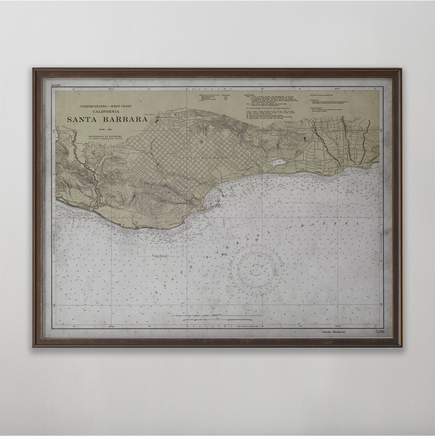 Santa Barbara Map, Vintage Nautical Map of Santa Barbara, California Home Decor, 20th Century