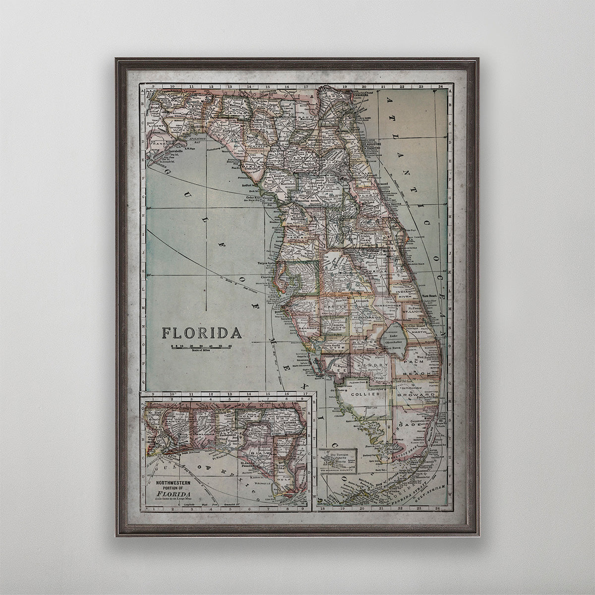 Historic Florida map, vintage wall map of Florida, Florida wall art, Florida cartographic print, Florida art print, outlet old map gift home decor.